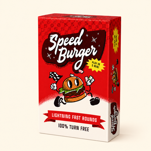 Front and right side of the Speed Burger card game box on a cream background