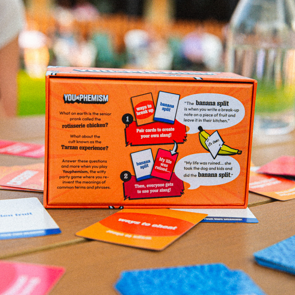 Back of the You-phemism game box surrounded by game cards