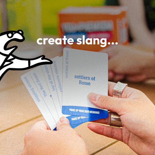 Player holding blue You-phemism cards with a create slang prompt