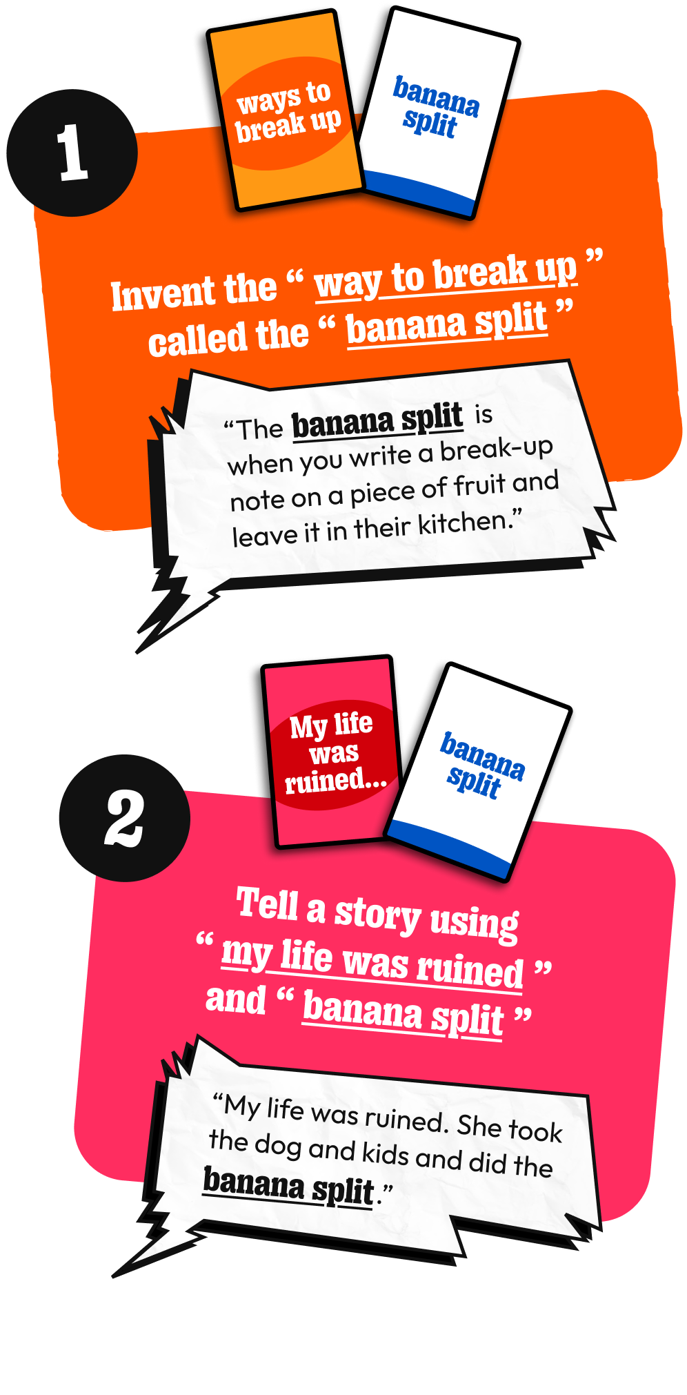Two illustrated gameplay steps: invent a new definition, then use the phrase in a story