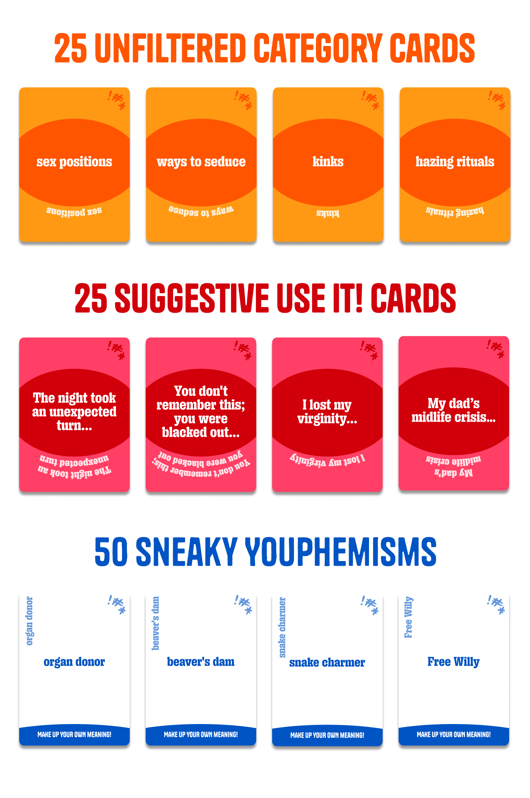 25 unfiltered category cards, 25 suggestive Use It! cards, and 50 sneaky Youphemism cards